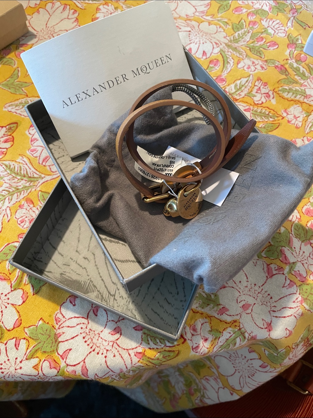 Alexander Mcqueen Brown Leather Wrap Bracelet With Gold Charms